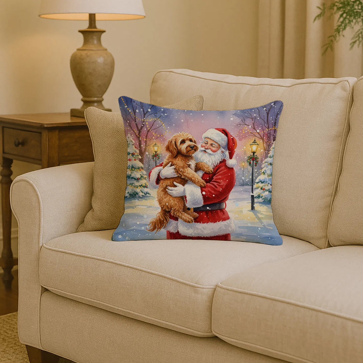 Labradoodle With Santa Throw Pillow, 14x14 Water-Resistant Indoor Outdoor Christmas Accent Cushion for Couch or Patio