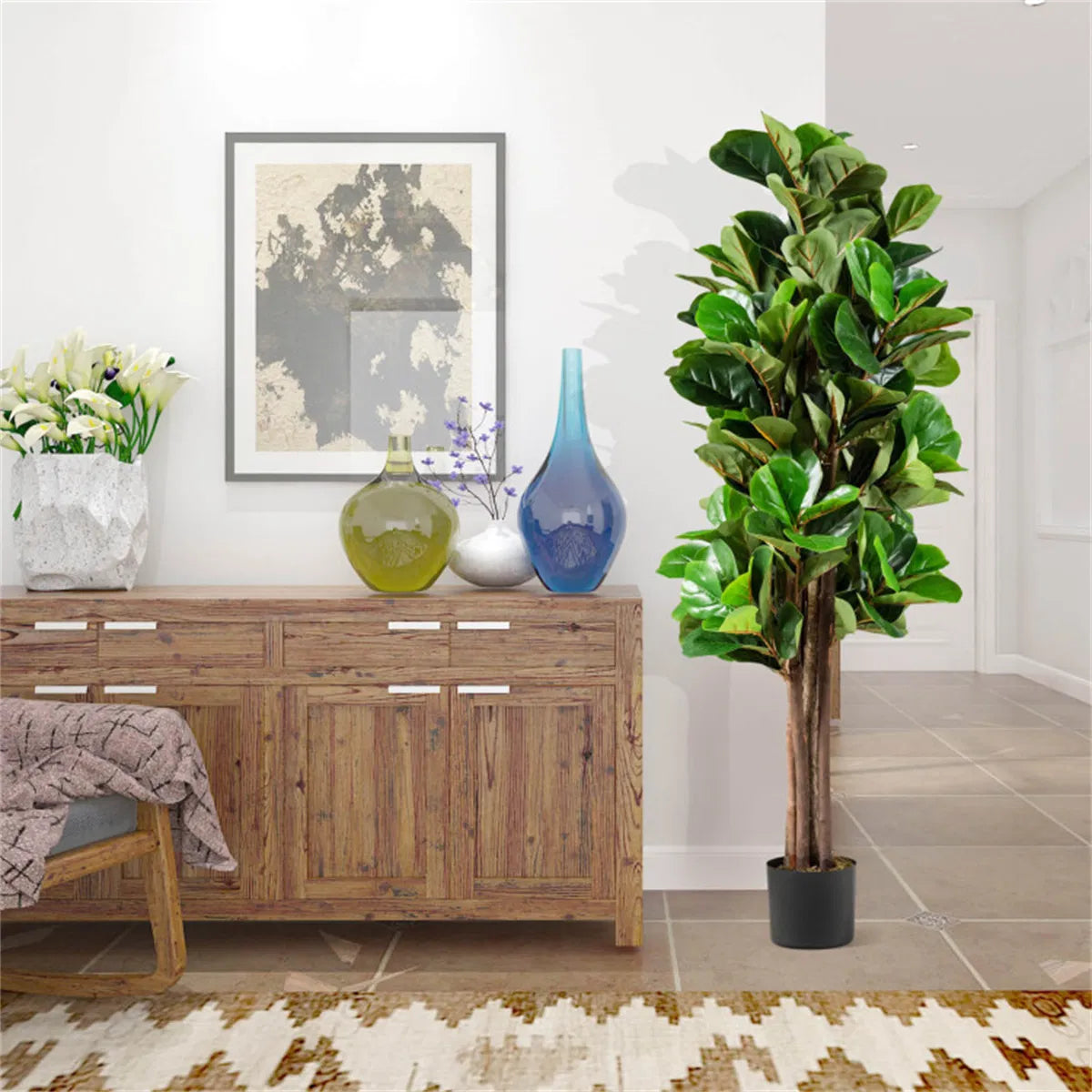 5 Ft Artificial Fiddle Leaf Fig Tree with Black Planter, 180 Green Leaves, Faux Indoor Outdoor Potted Tree