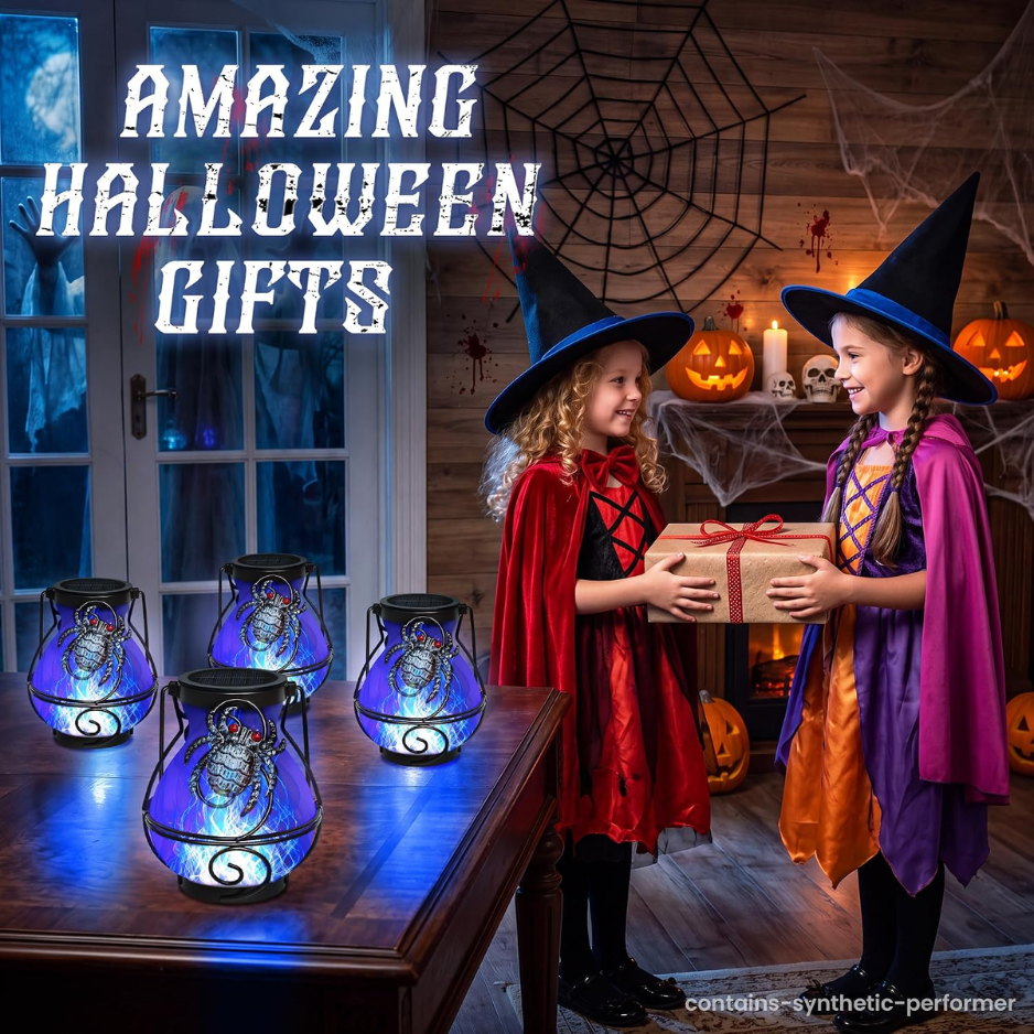 Halloween Solar Spider Lanterns, 2 Pack Hanging Outdoor Lights With Flickering Blue Flame, Waterproof Patio Decor