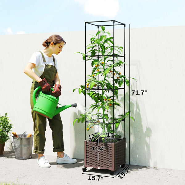 Raised Garden Bed With Adjustable Trellis, Brown Planter Box on Lockable Wheels With Self-Watering Tank