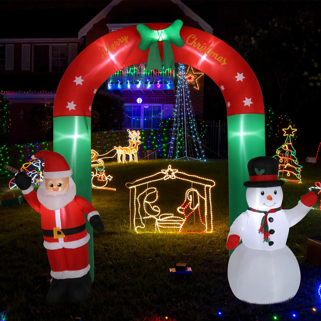 8 Ft Inflatable Christmas Archway With Santa and Snowman, 7 Lights, Red and Green Yard Decoration