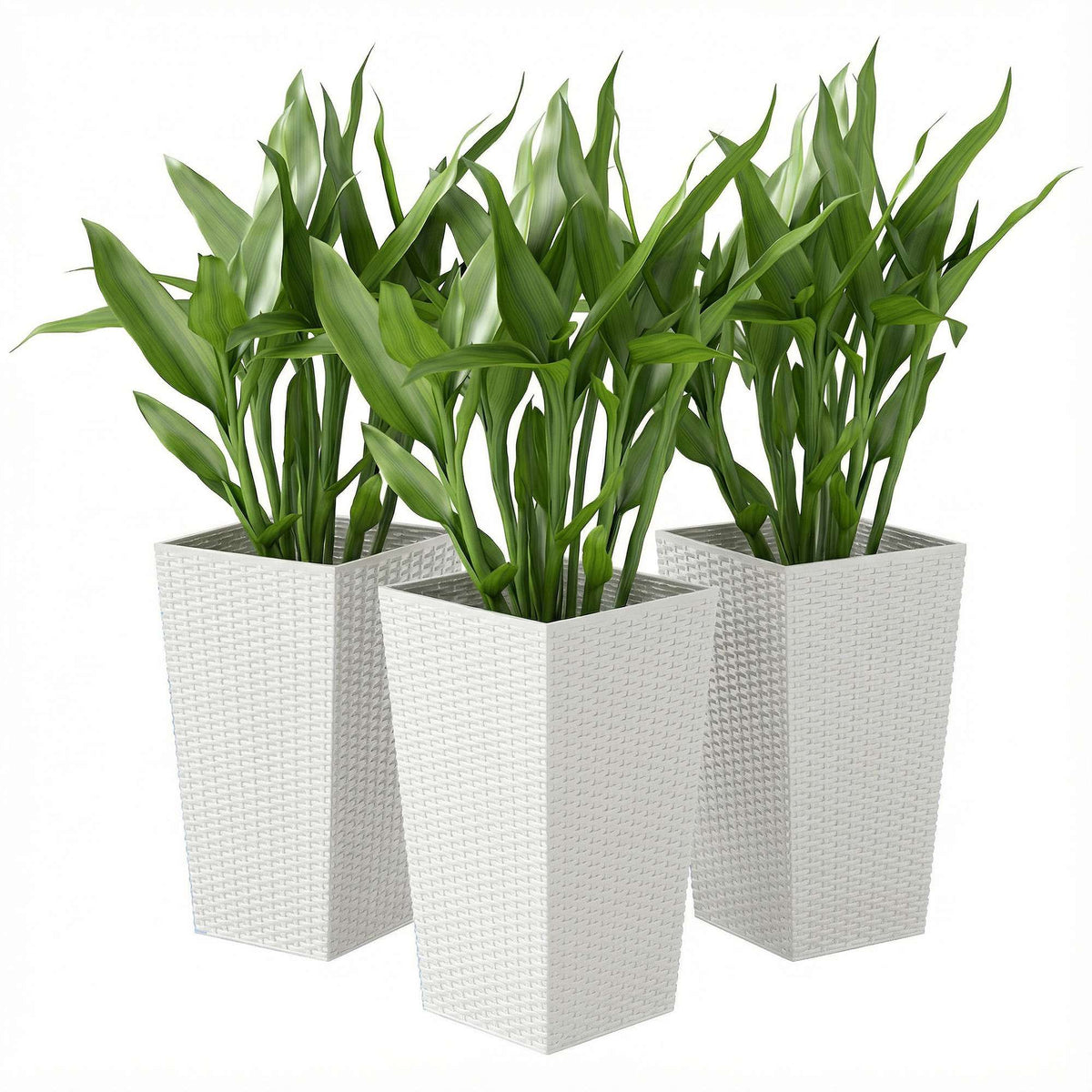 Tall Planters for Outdoor Plants, Set of 3, 24" White Rattan-Style Tapered Plant Pots with Drainage Holes