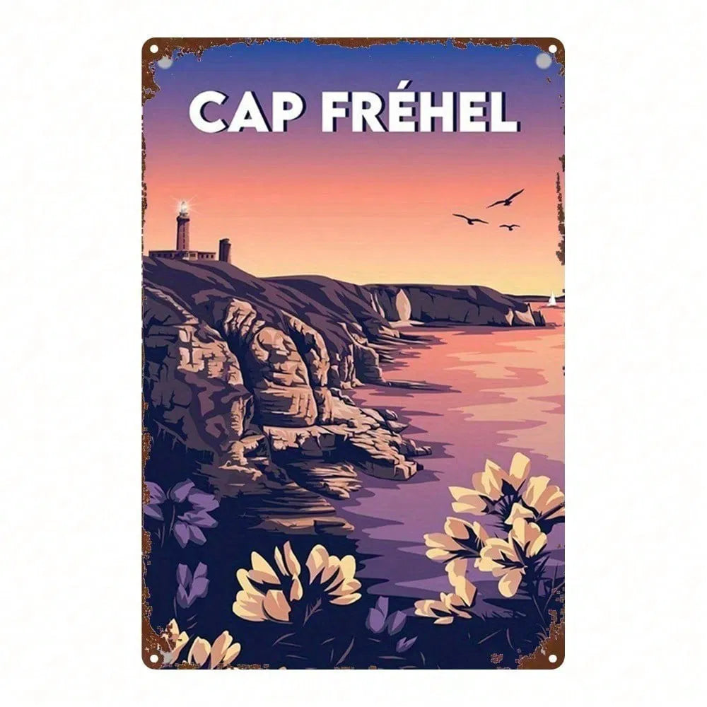 Cap Fréhel Lighthouse Metal Wall Sign, Vintage French Coastal Sunset Art for Home, Bar, Café or Garage