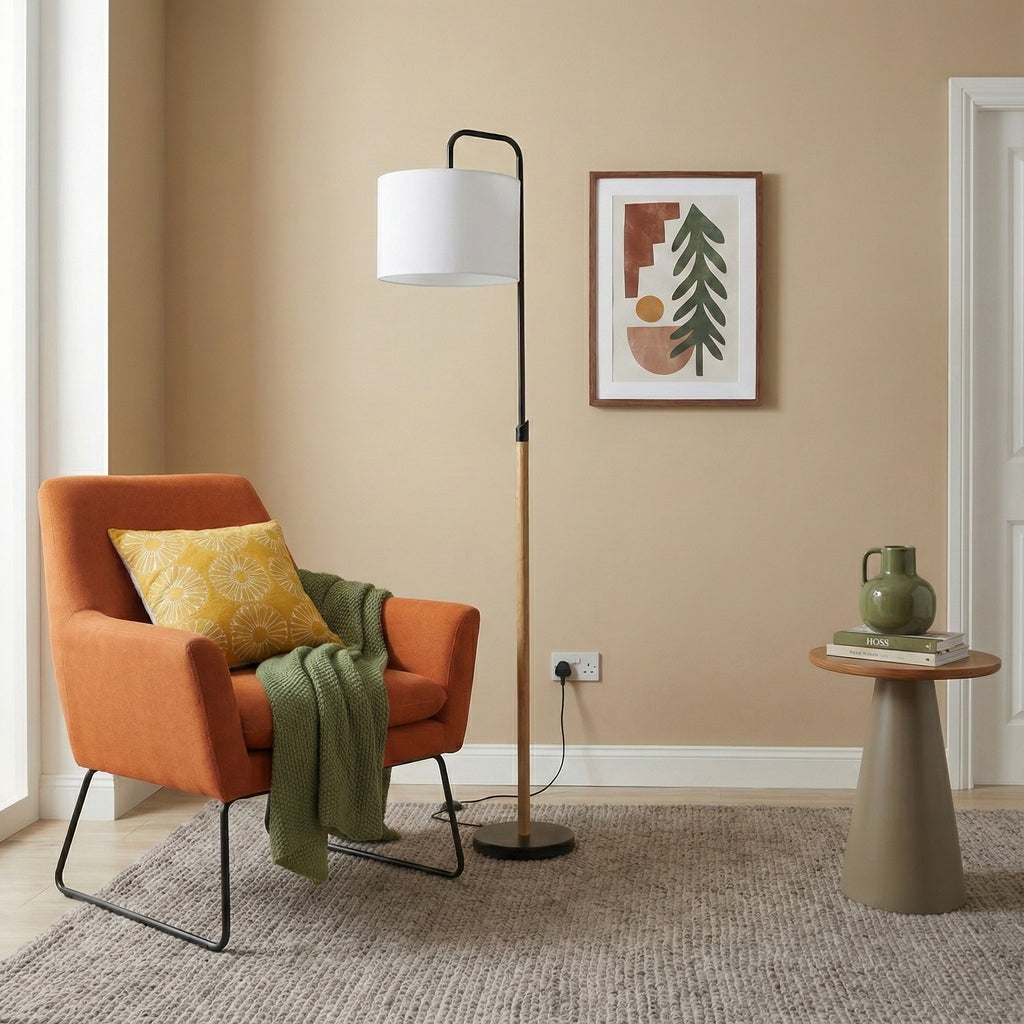 Arc Floor Lamp With White Cylinder Shade, Black Metal and Wood-Look Pole, 59" Standing Reading Light
