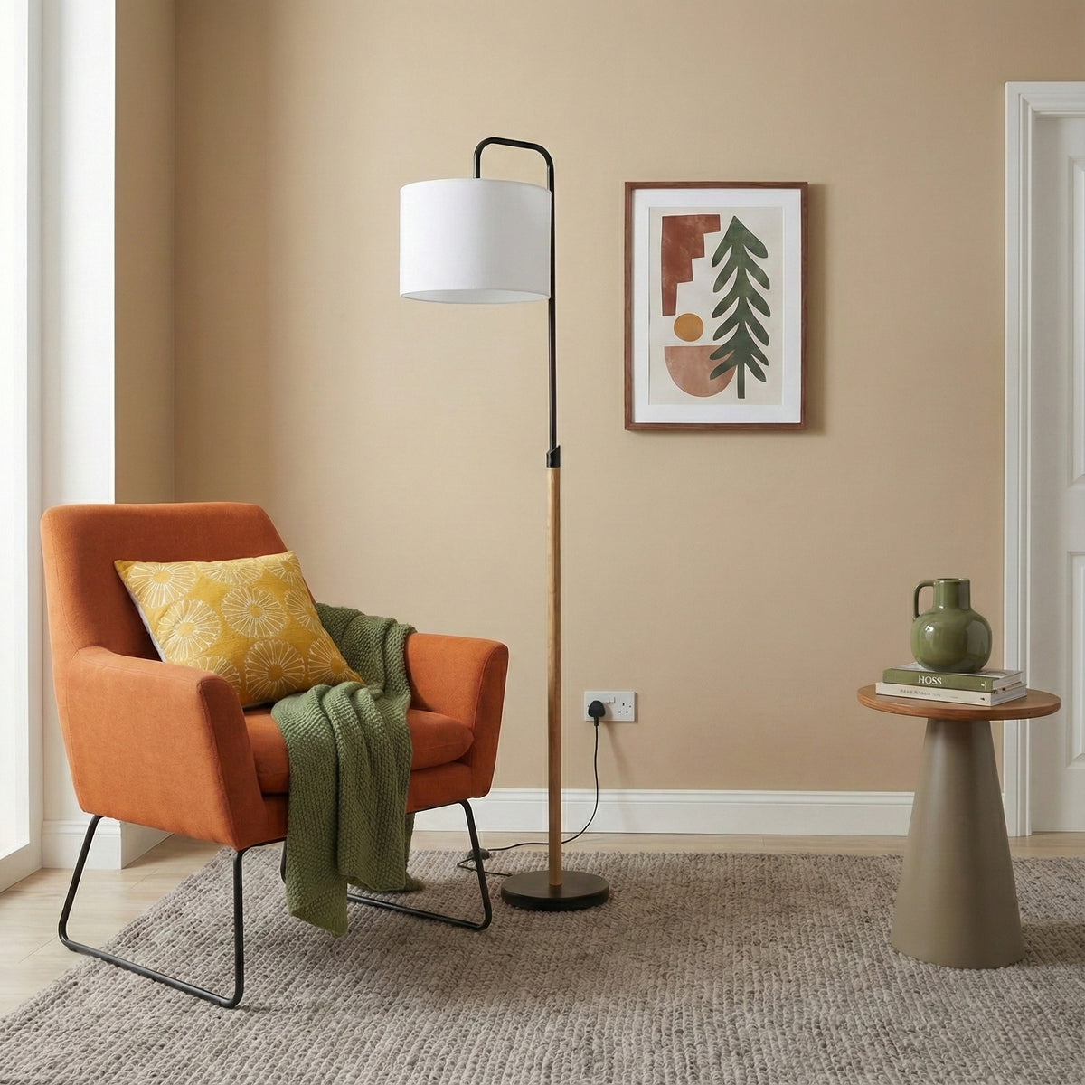 Arc Floor Lamp With White Cylinder Shade, Black Metal and Wood-Look Pole, 59" Standing Reading Light