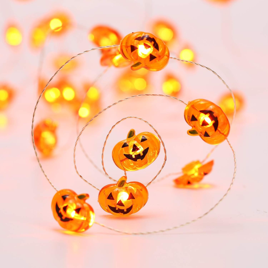 Halloween Pumpkin String Lights, 2 Pack Battery Operated LED Jack-O'-Lantern Lights, 40 LEDs Each, 12.7 ft Orange Indoor Outdoor Decor