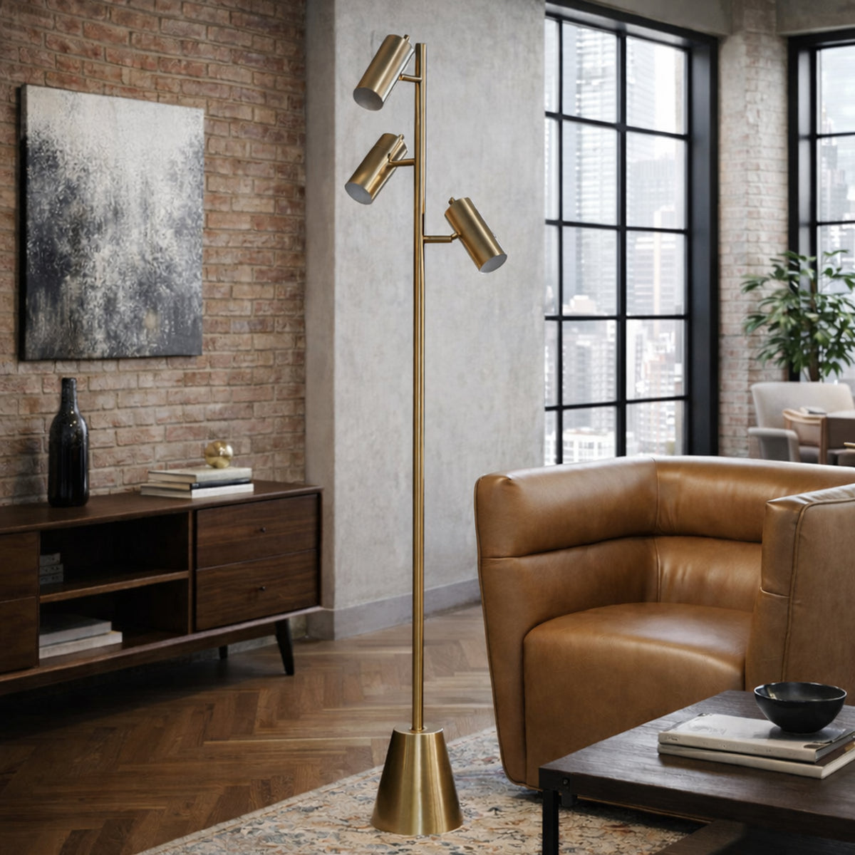 Gold Floor Lamp With 3 Adjustable Spotlights, Brass Metal Tree Lamp With Cone Base, 63 in.