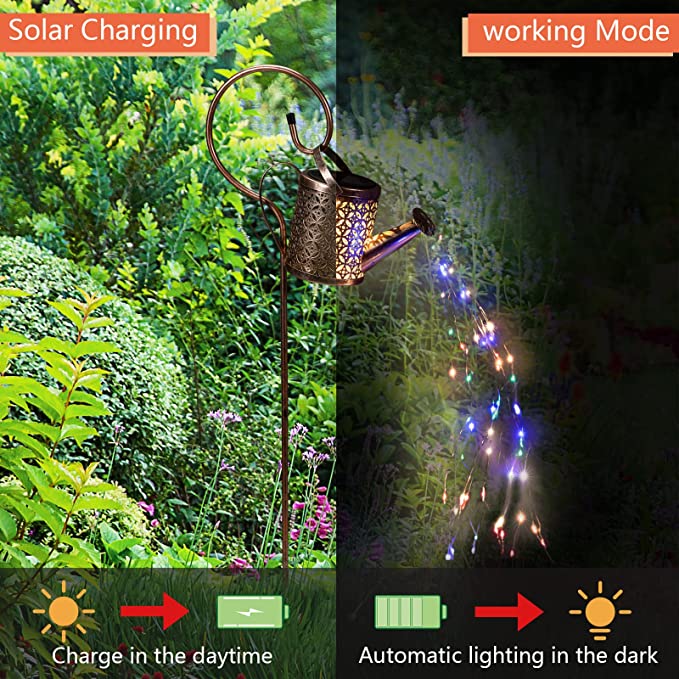 Solar Watering Can Lights With Hanging Stake, Metal Garden Lantern for Patio, Pathway and Yard