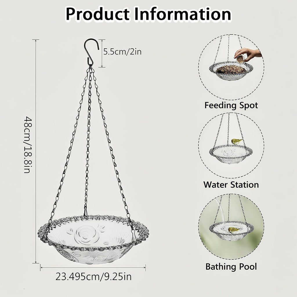 Hanging Bird Bath and Feeder Bowl, Embossed Floral Plastic Birdbath With Metal Chain for Garden and Yard, Grey or Purple