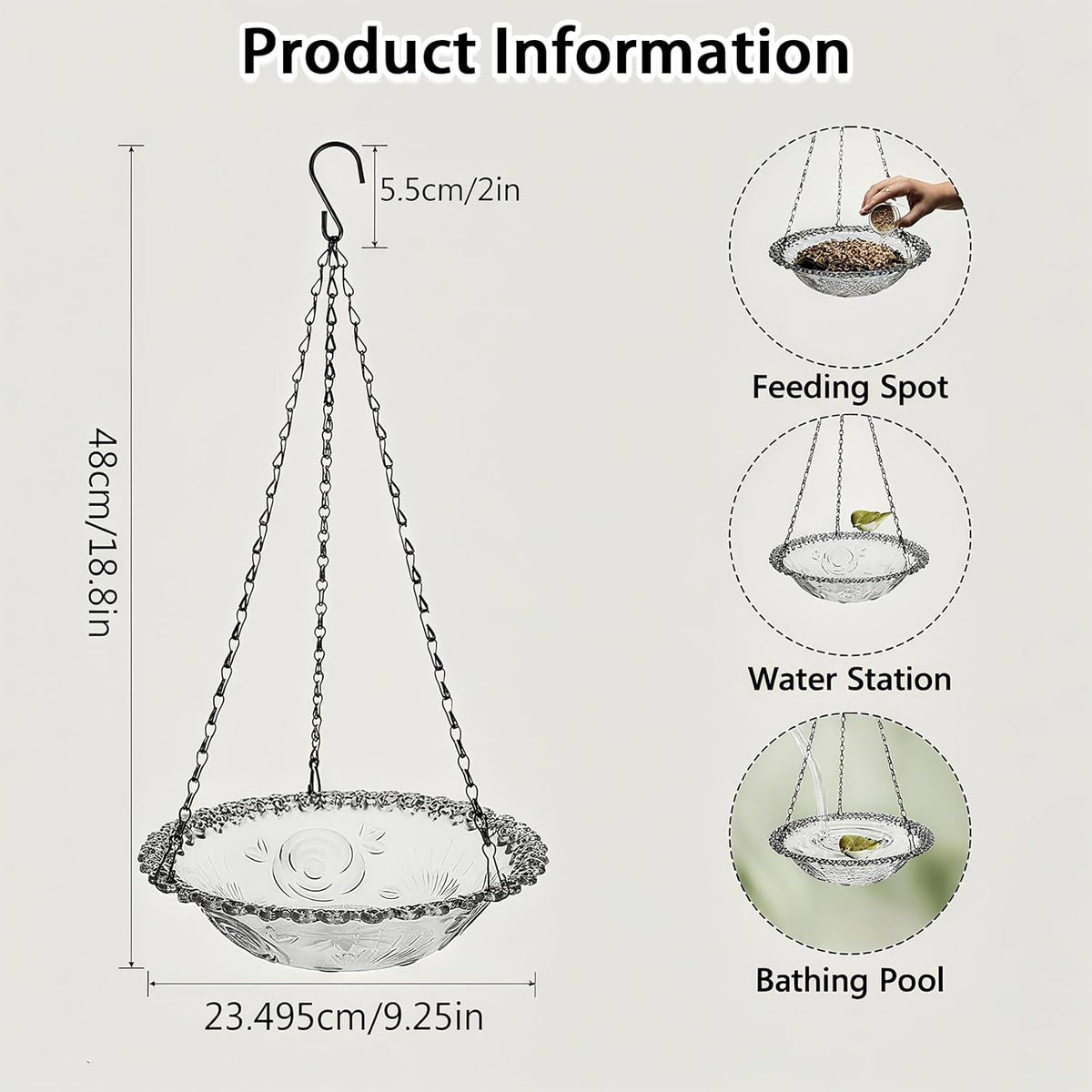 Hanging Bird Bath and Feeder Bowl, Embossed Floral Plastic Birdbath With Metal Chain for Garden and Yard, Grey or Purple