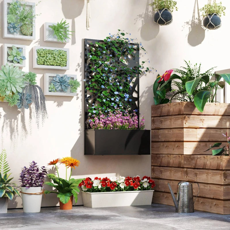 Metal Raised Garden Bed Planter Box With Trellis Privacy Screen, Black, Wall-Mounted or Freestanding, 24" x 9.1" x 44.5"