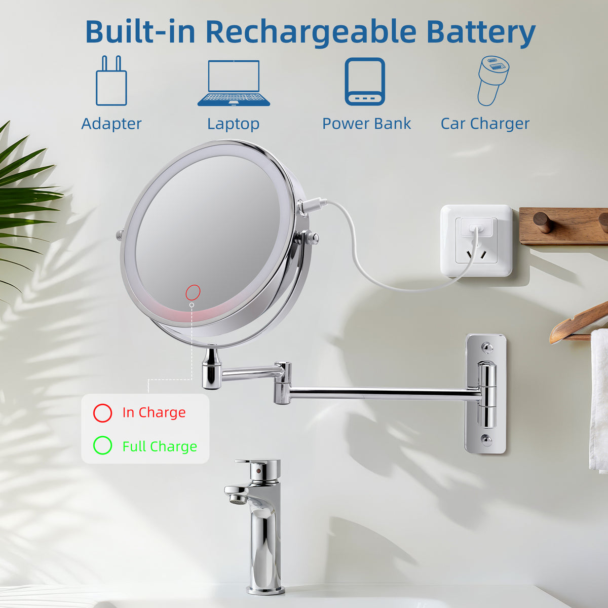 Wall Mounted Lighted Makeup Mirror, 8 Inch Double Sided 1X/10X Magnifying Vanity Mirror, Rechargeable, 3 Color Lights, Chrome