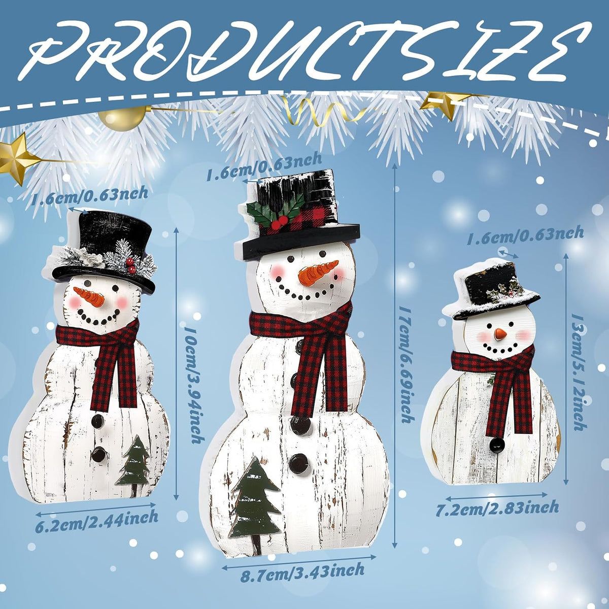 Wooden Snowman Christmas Decorations, Set of 3 Rustic Tabletop Figurines With Plaid Scarves for Mantel and Shelf