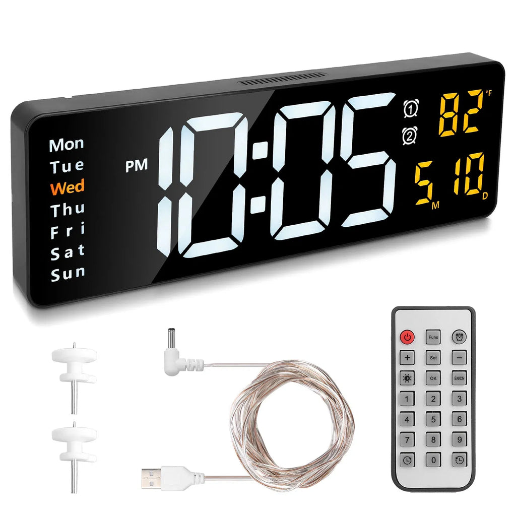 LED Digital Wall Clock, 15.7 in Black Display With Remote, 3 Alarms, Temperature and Calendar
