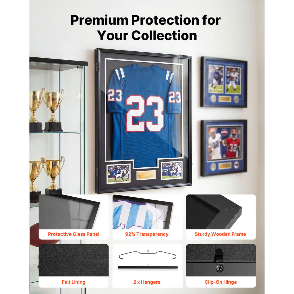 Jersey Frame Display Case, 35.4 x 27.6 in Lockable Wooden Shadow Box with Hanger for Baseball, Basketball, Football and Hockey Shirts