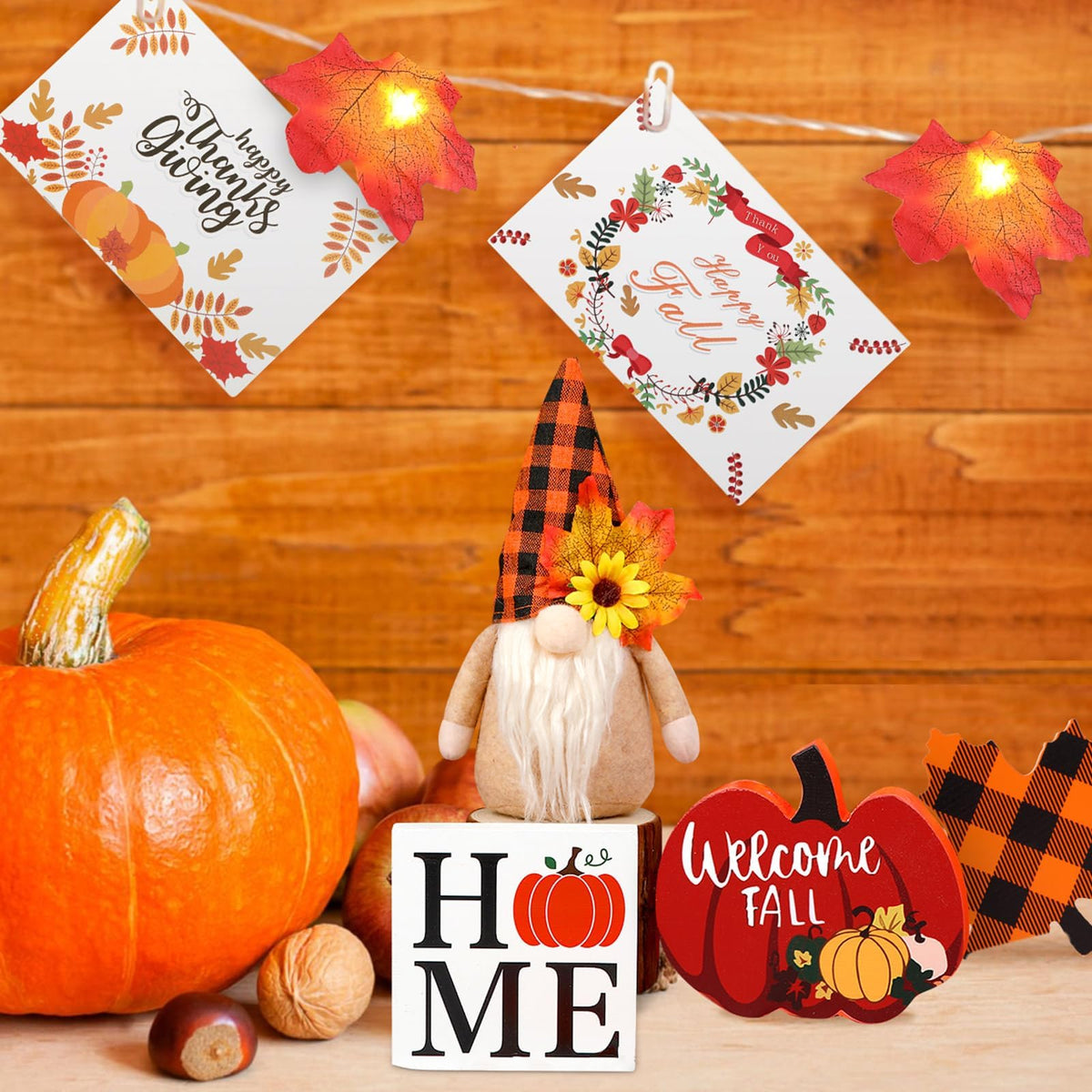 Fall Gnome Tiered Tray Decor Set, 5 Piece Wooden Pumpkin Signs, Maple Leaf String Lights and Greeting Cards