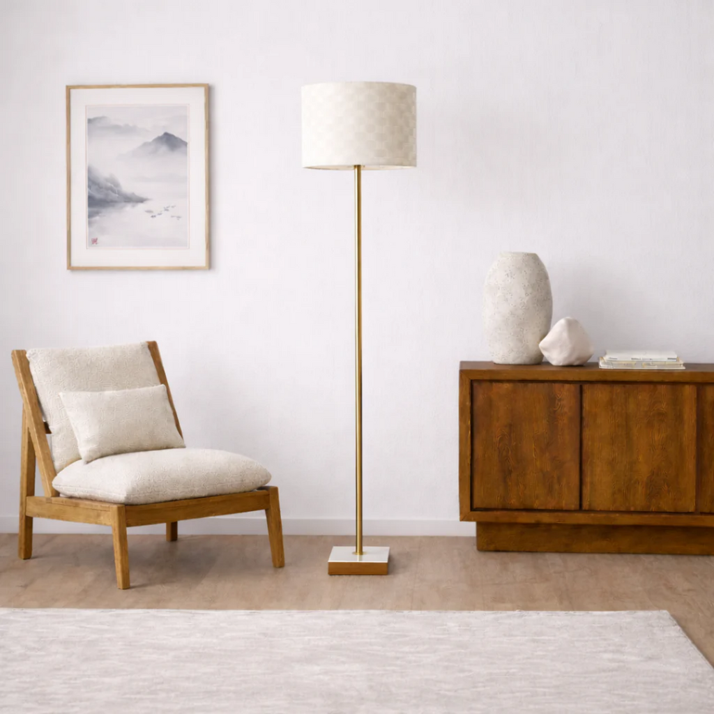 Minimalist Floor Lamp With Neutral Drum Shade, Slim 56" Metal Standing Lamp With Marble and Rubber Wood Base for Living Room