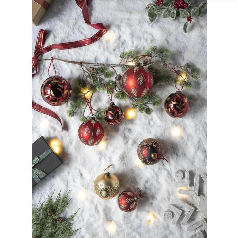Red Glass Christmas Ball Ornaments, Set of 6 - 3.9" Hand-Painted Leaf Design Hanging Tree Baubles