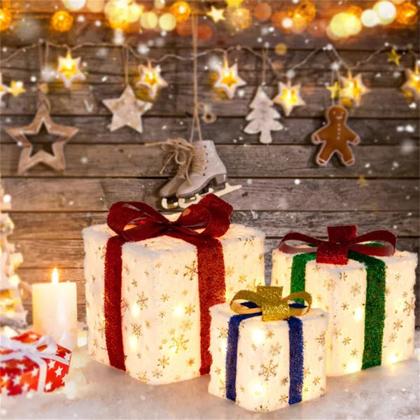 Lighted Christmas Gift Boxes, Set of 3 Battery-Operated Snowflake Present Decorations With 48 Warm White Lights and Glitter Bows