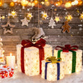 Lighted Christmas Gift Boxes, Set of 3 Battery-Operated Snowflake Present Decorations With 48 Warm White Lights and Glitter Bows