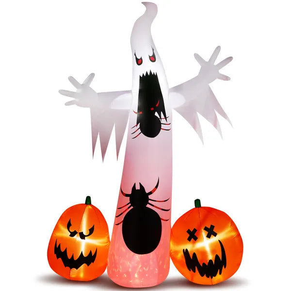 11.8 Ft Halloween Inflatable Ghost With Spider and Pumpkins, Lighted Outdoor Yard Decoration