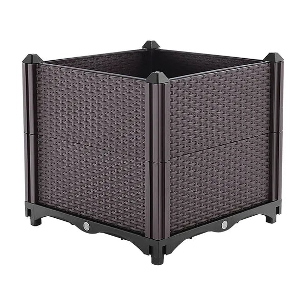 Raised Garden Bed With Self-Watering Tray, Brown Rattan-Look Planter Box for Patio, Balcony, Vegetables and Herbs