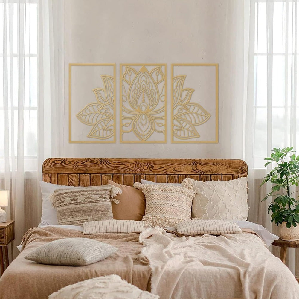 Gold Lotus Mandala Metal Wall Art, 3 Piece Boho Wall Decor Set for Living Room and Bedroom