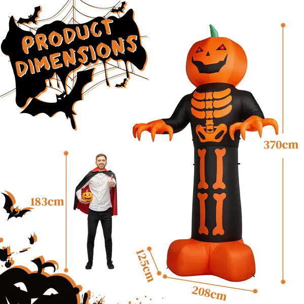 12 Ft Inflatable Halloween Pumpkin Skeleton Reaper Yard Decoration With LED and String Lights, Black and Orange