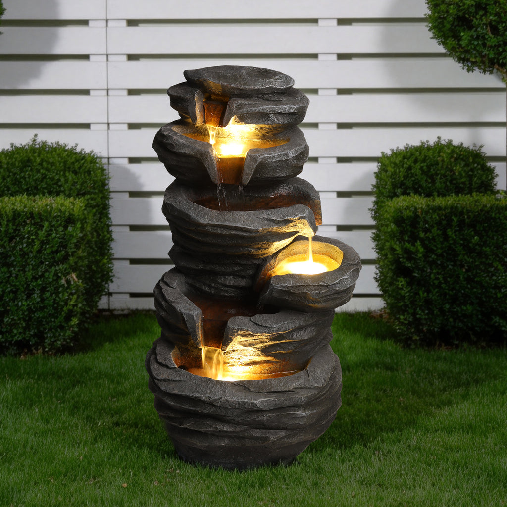 Outdoor Waterfall Fountain With LED Lights, Gray Resin Stacked Rock Cascading Water Feature, 25.6 In. Garden Decor for Patio and Porch