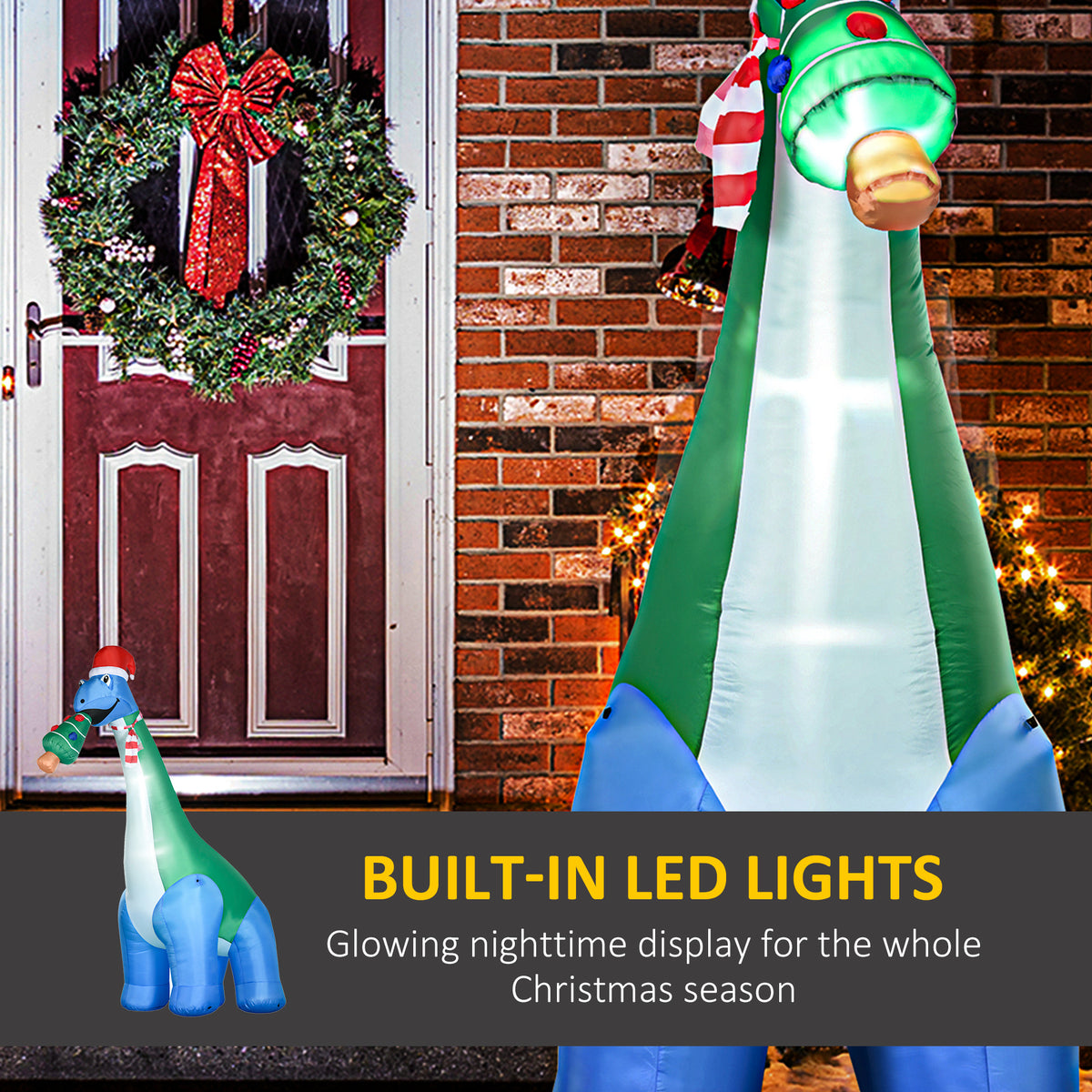 Giant Christmas Inflatable Dinosaur With Christmas Tree, 10 ft Lighted Outdoor Yard Decoration With LED Lights, Stakes and Fan