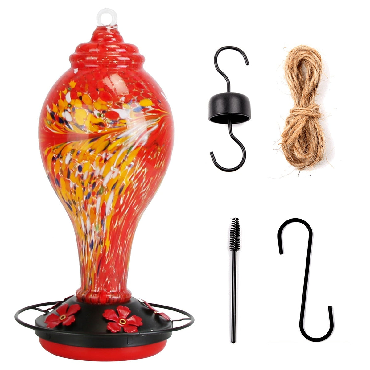 Hand blown glass hummingbird feeder with five flower feeding ports and perch ring