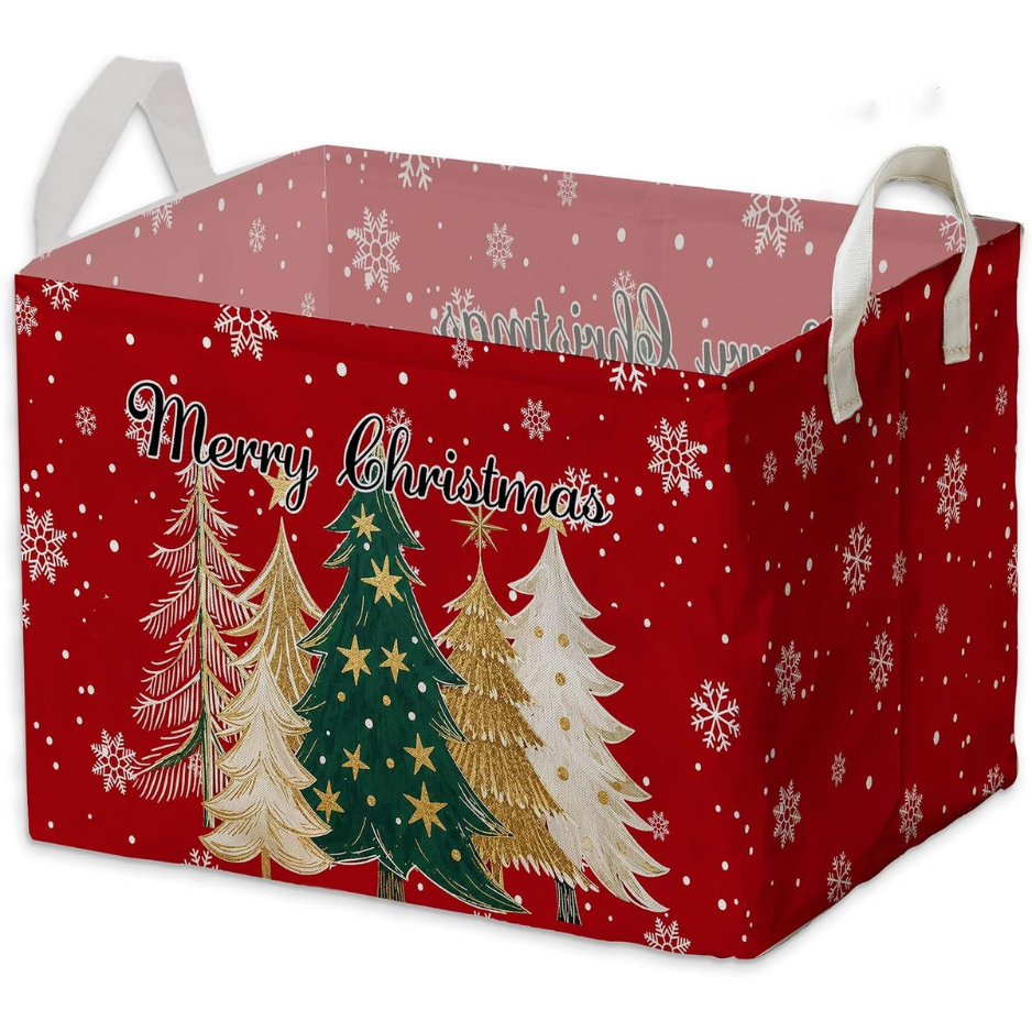 Christmas Storage Basket, Red Canvas Foldable Storage Bin With Handles, 15 x 10 x 8.6 Inch Holiday Laundry Hamper