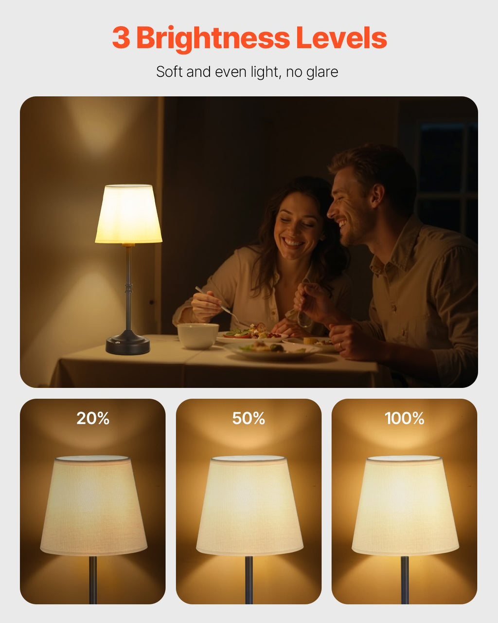 Cordless Table Lamp With Rechargeable Battery, Black Metal Base, White Fabric Shade, 3 Brightness Levels