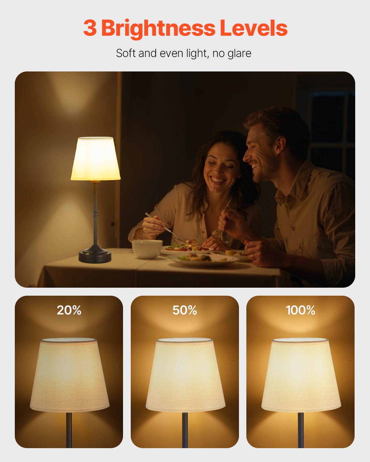 Cordless Table Lamp With Rechargeable Battery, Black Metal Base, White Fabric Shade, 3 Brightness Levels