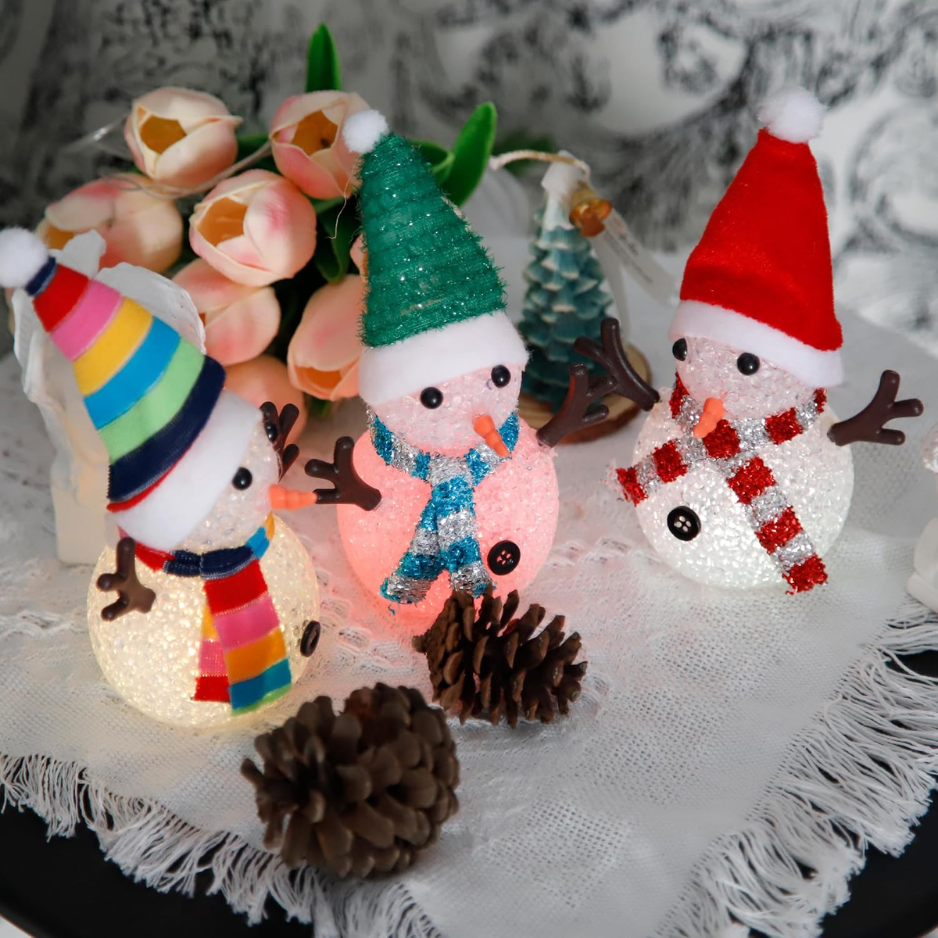 Light Up Snowman Figurines, Set of 3 Color Changing LED Christmas Decorations With Hats and Scarves