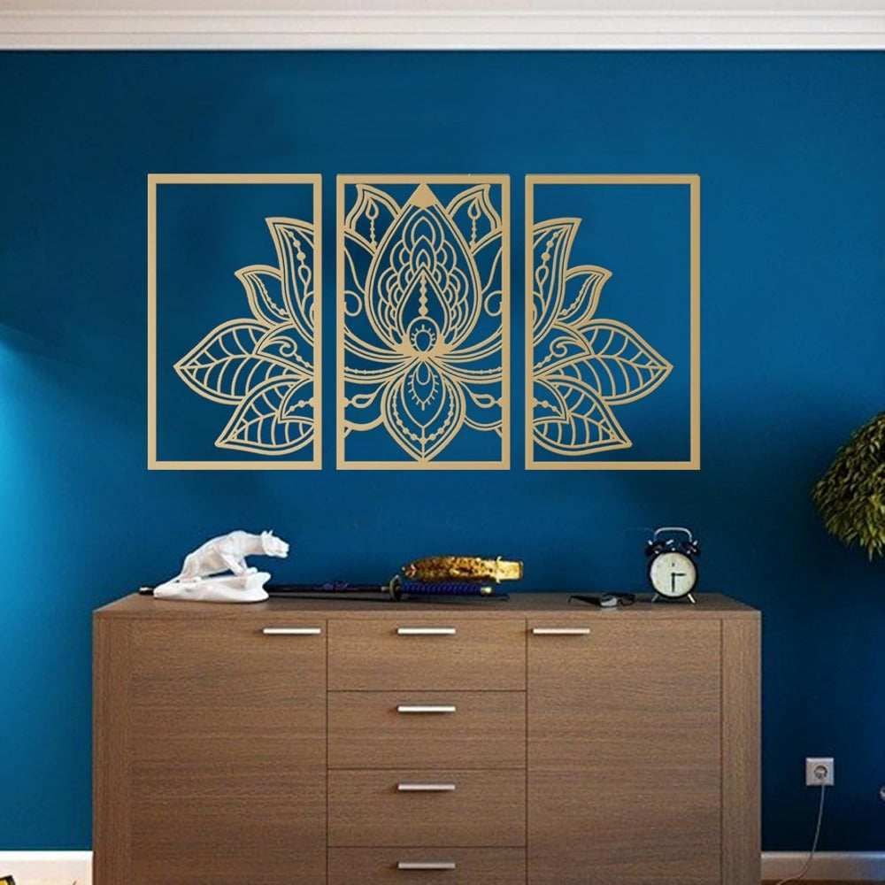 Gold Lotus Mandala Metal Wall Art, 3 Piece Boho Wall Decor Set for Living Room and Bedroom