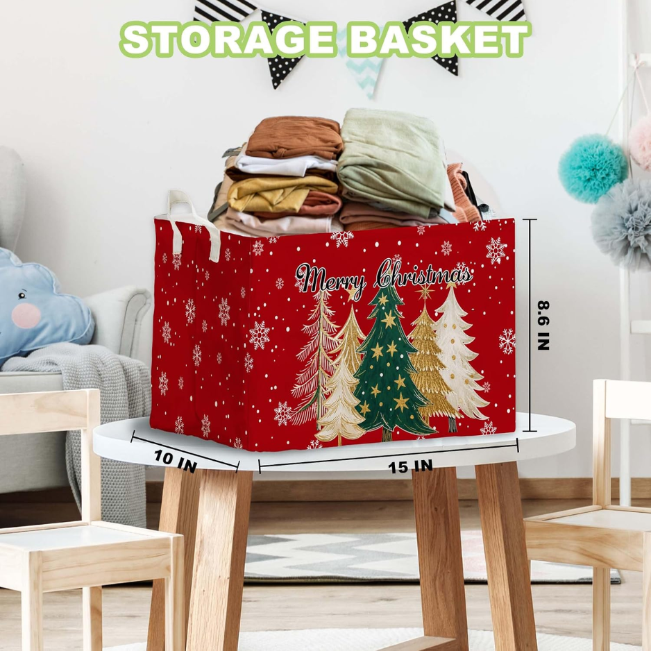 Christmas Storage Basket, Red Canvas Foldable Storage Bin With Handles, 15 x 10 x 8.6 Inch Holiday Laundry Hamper