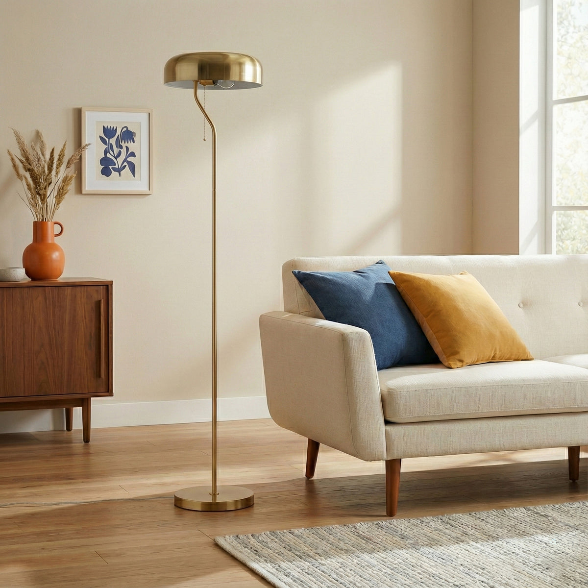 Gold Metal Floor Lamp With Dome Shade, 55" Tall Pull Chain Standing Lamp for Living Room, Bedroom and Office