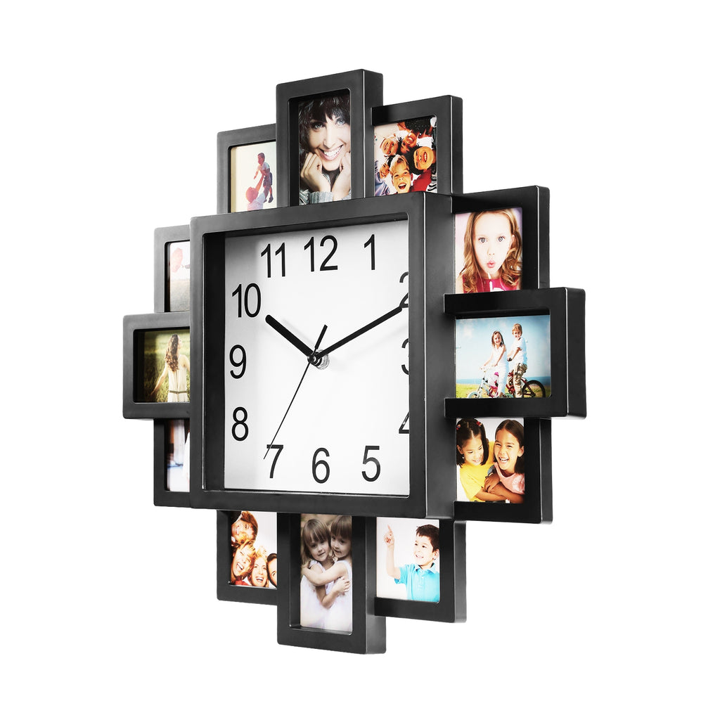 Photo Frame Wall Clock With 12 Picture Collage Openings, Black ABS, 15.35 In Square Family Photo Display