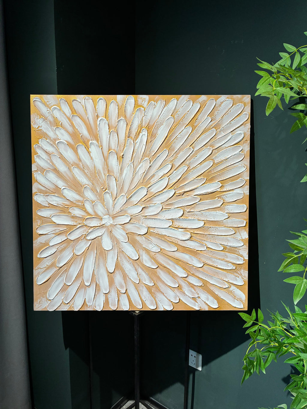 Textured Floral Canvas Wall Art, Set of 2, 32x32 in Antique White and Gold Hand-Painted Impasto Flower Paintings