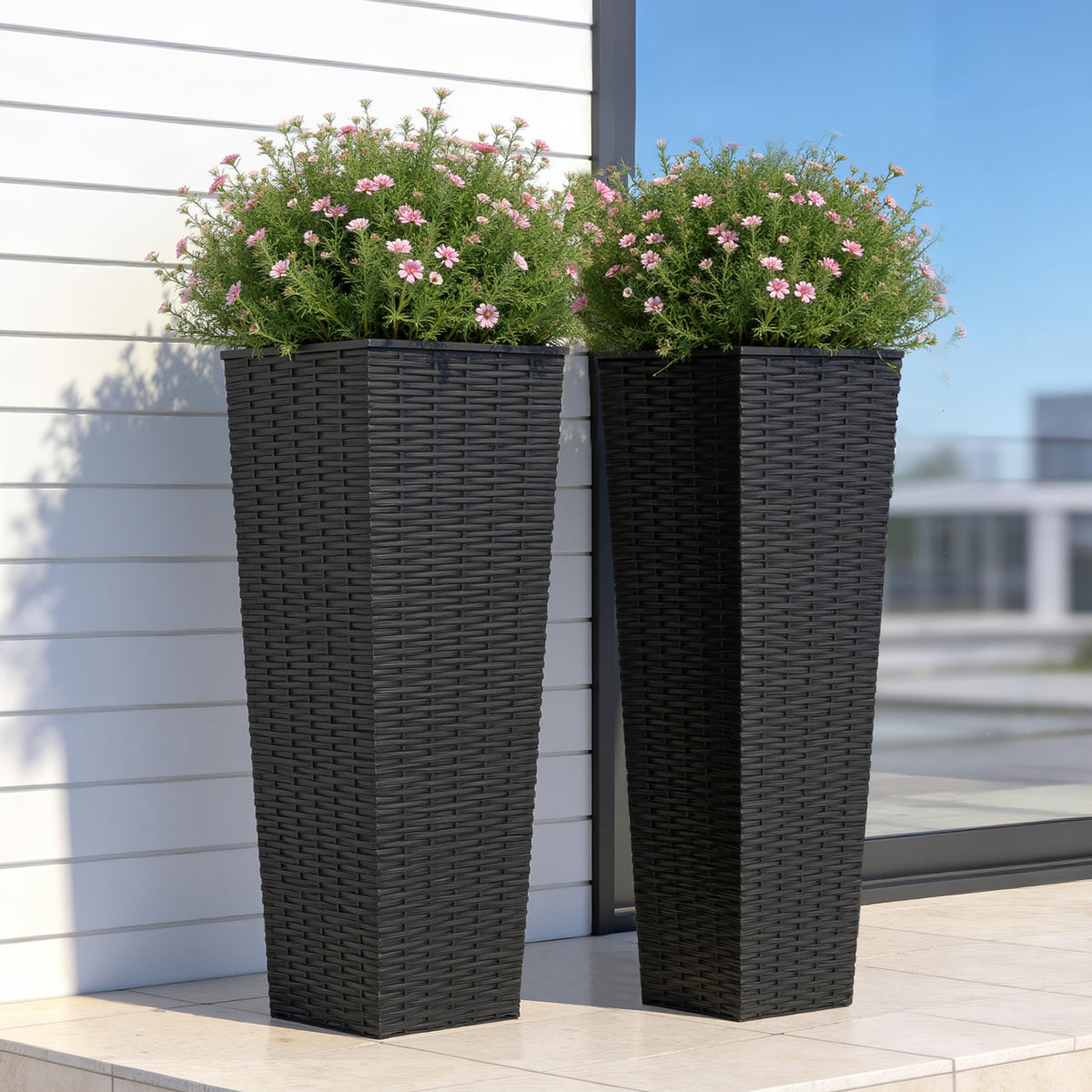 Tall Planters Set of 2, 32 Inch Black Resin Rattan Texture Outdoor Plant Pots with Removable Inner Pots and Drainage Holes