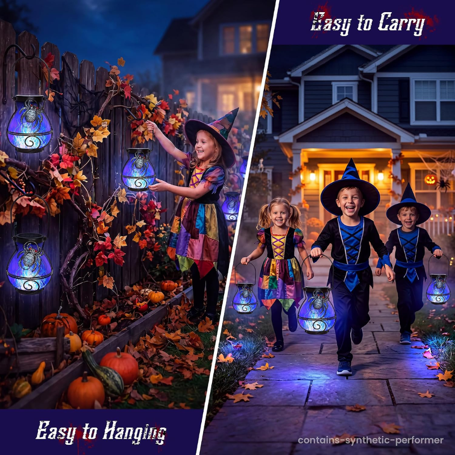 Halloween Solar Spider Lanterns, 2 Pack Hanging Outdoor Lights With Flickering Blue Flame, Waterproof Patio Decor