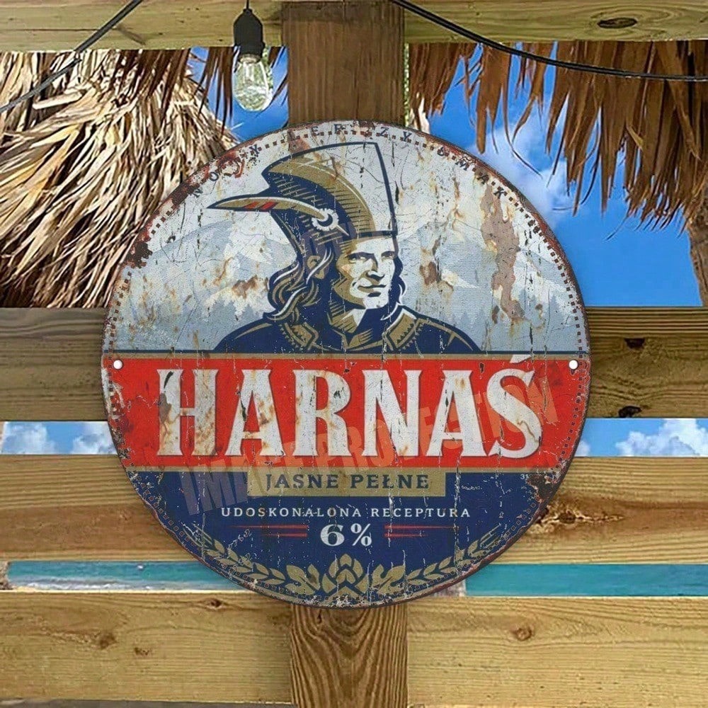 Round Metal Wall Sign, Vintage Distressed Beer Label Art Plaque for Bar, Kitchen, and Man Cave Decor
