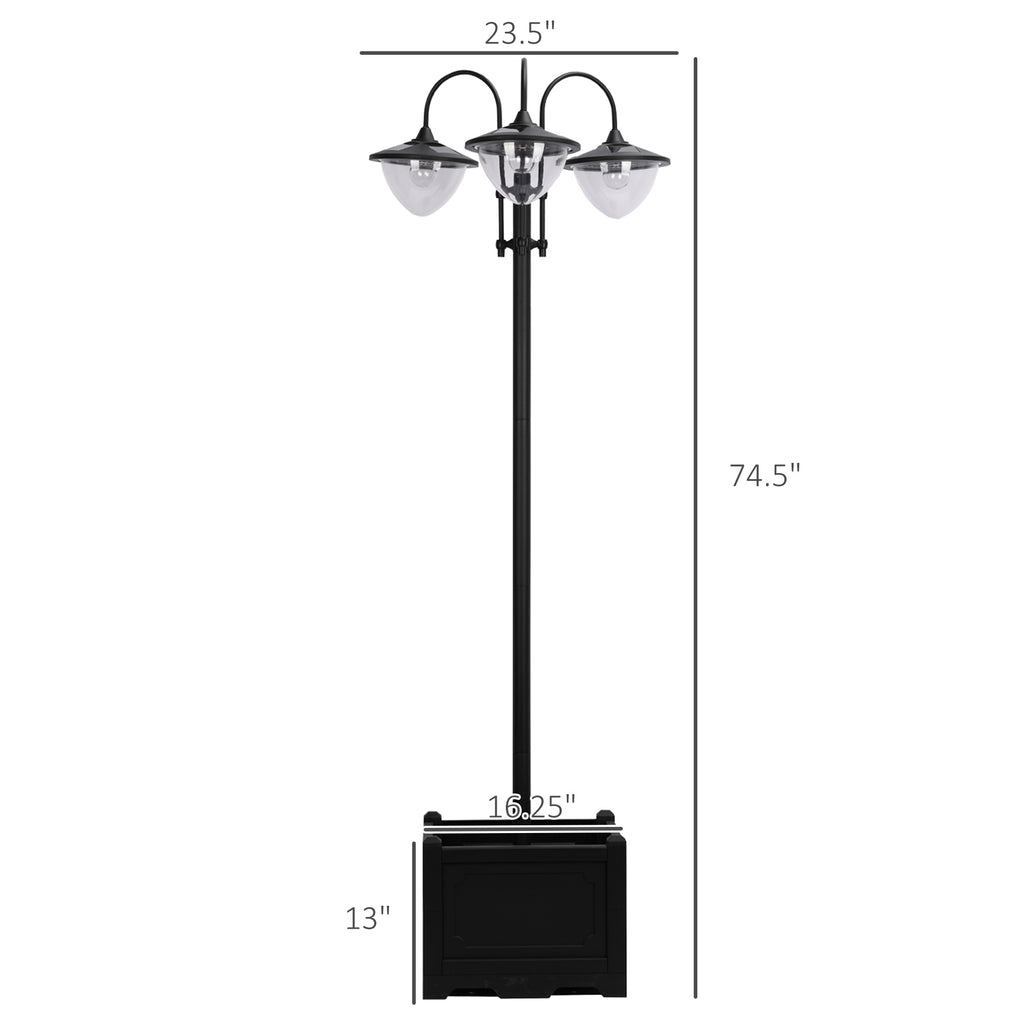 Solar Lamp Post Light with Planter Base, 74.5" 3-Head Black Outdoor LED Pole Light for Driveway, Patio, Garden and Pathway