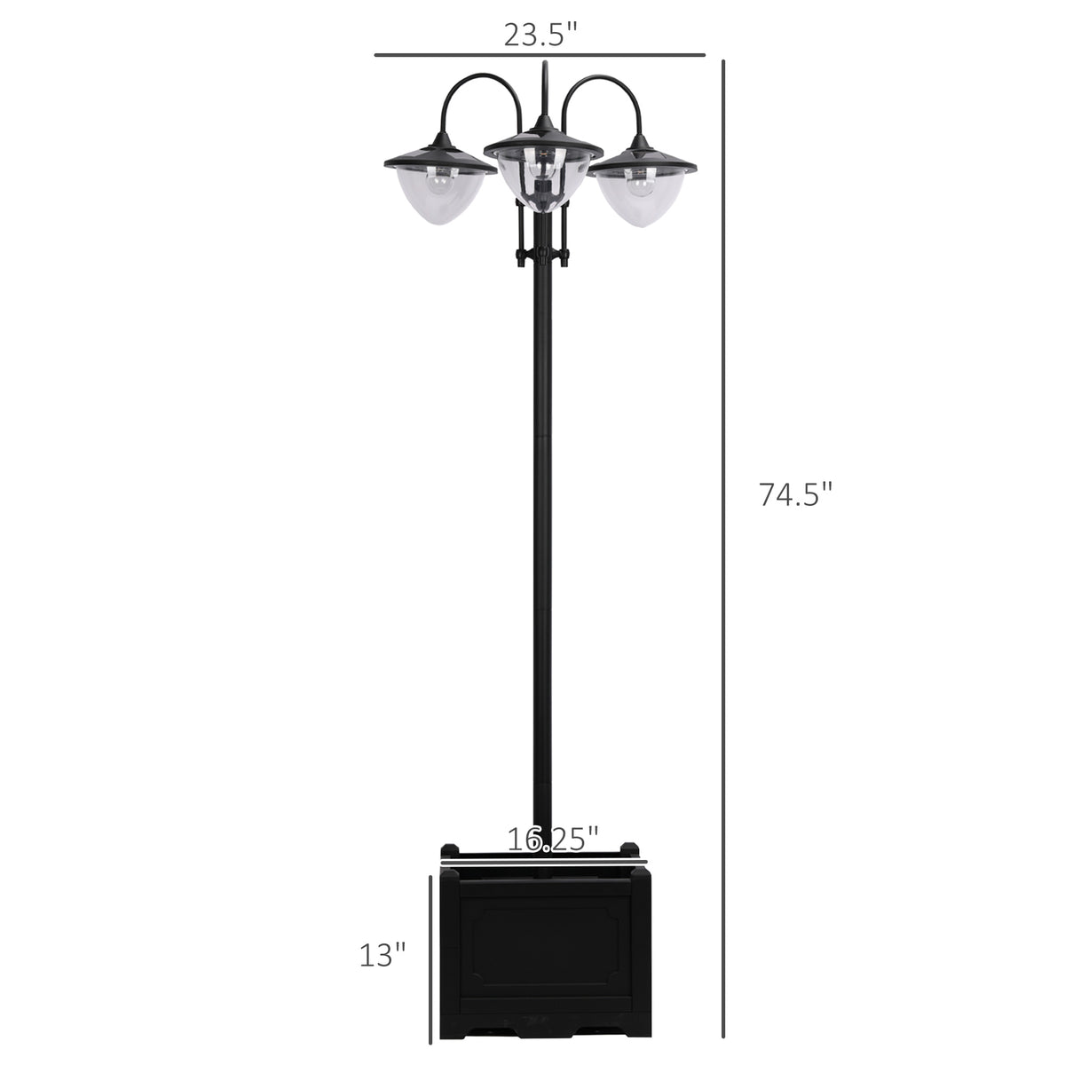Solar Lamp Post Light with Planter Base, 74.5" 3-Head Black Outdoor LED Pole Light for Driveway, Patio, Garden and Pathway