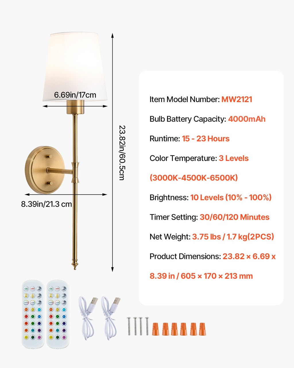 Battery Operated Wall Sconce Set of 2, Gold Wireless Wall Lights With Remote Control and White Shades
