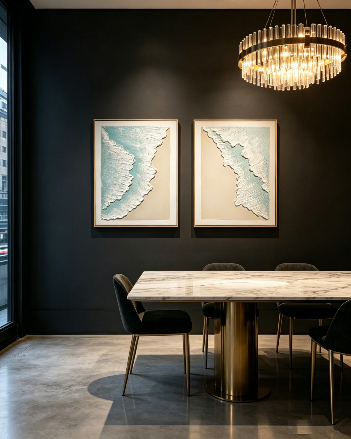 Framed Ocean Wave Wall Art, Set of 2 Textured Canvas Paintings, 25 x 33 In, Aqua Blue and Beige Coastal Decor