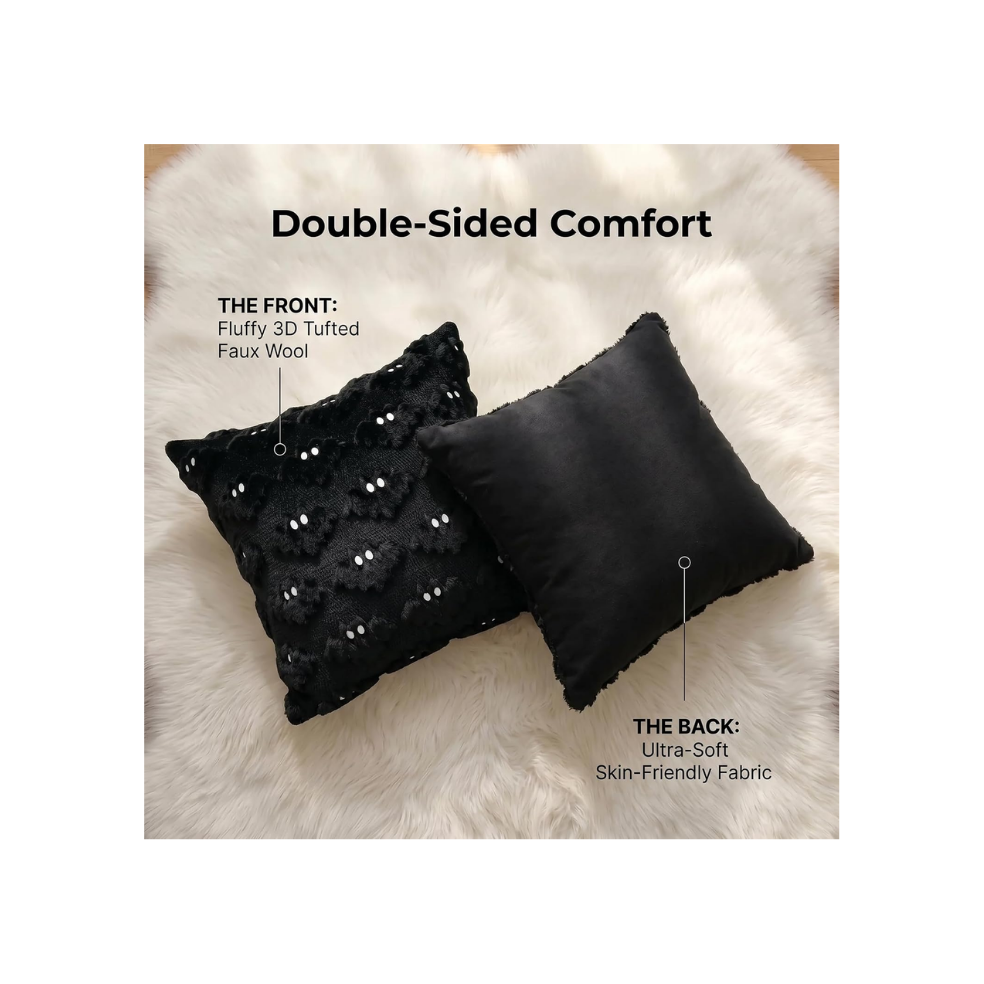 Halloween Bat Pillow Covers, Set of 2 Black Plush Tufted Throw Cushion Covers for Sofa and Bed