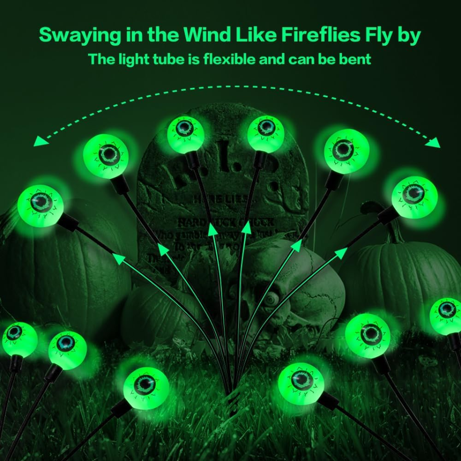 Solar Halloween Eyeball Stake Lights, 2 Pack 12 LED Green Swaying Firefly Yard Lights, Waterproof Outdoor Path Decor
