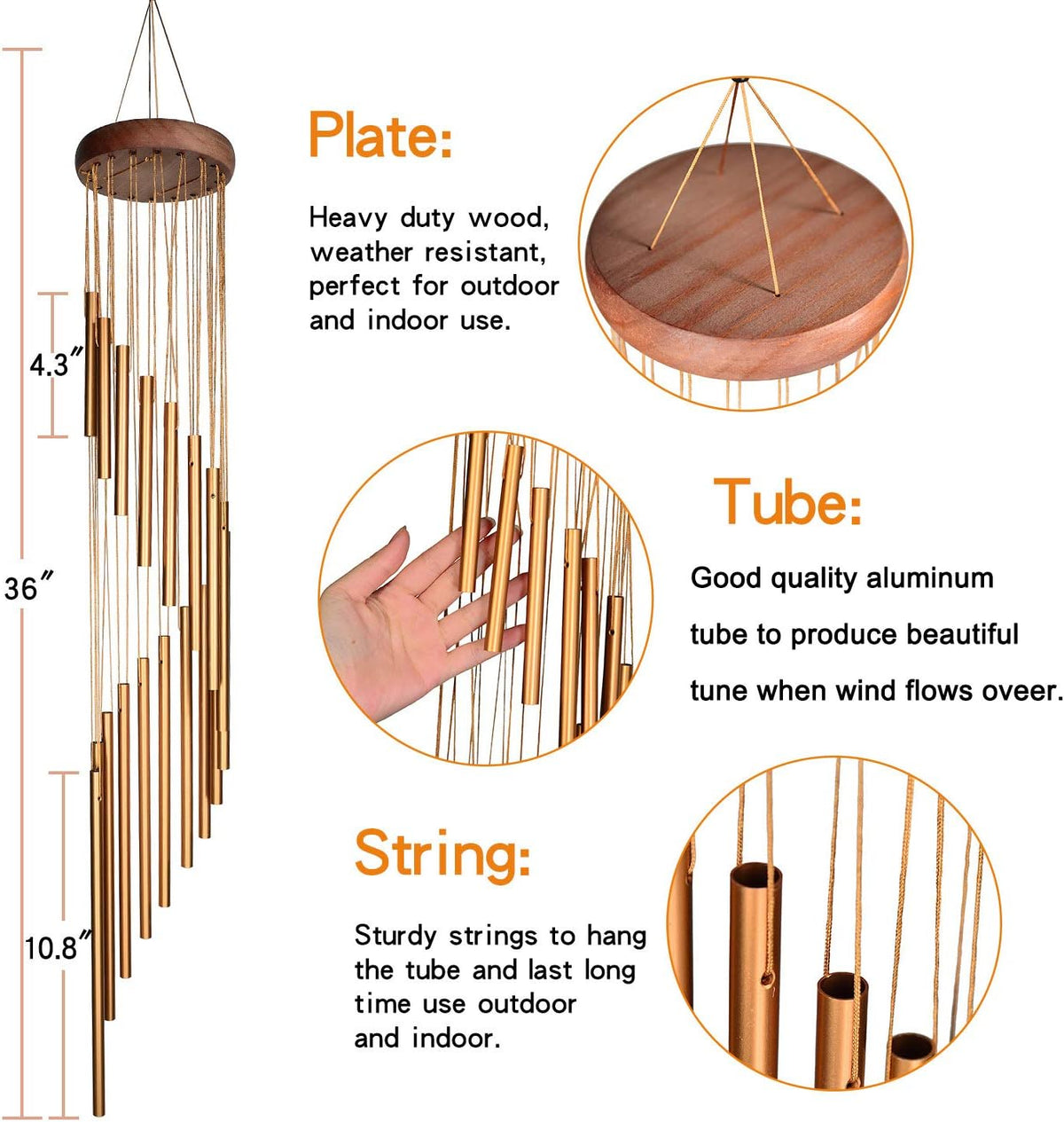 36 Inch Memorial Wind Chime With 18 Aluminum Tubes and S Hook, Pine Wood Top for Garden, Porch, and Patio